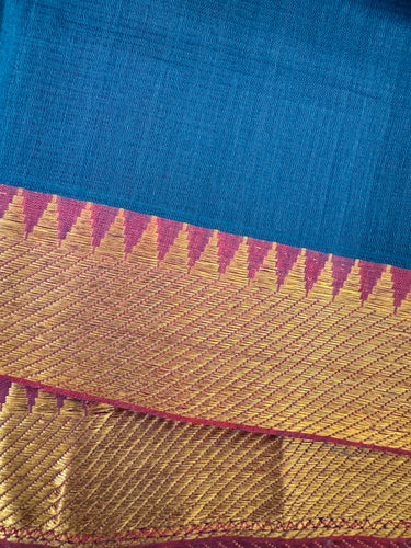 Handwoven Mangalgiri Cotton Saree | Blue | Gold Zari | Handwoven | Ships from California